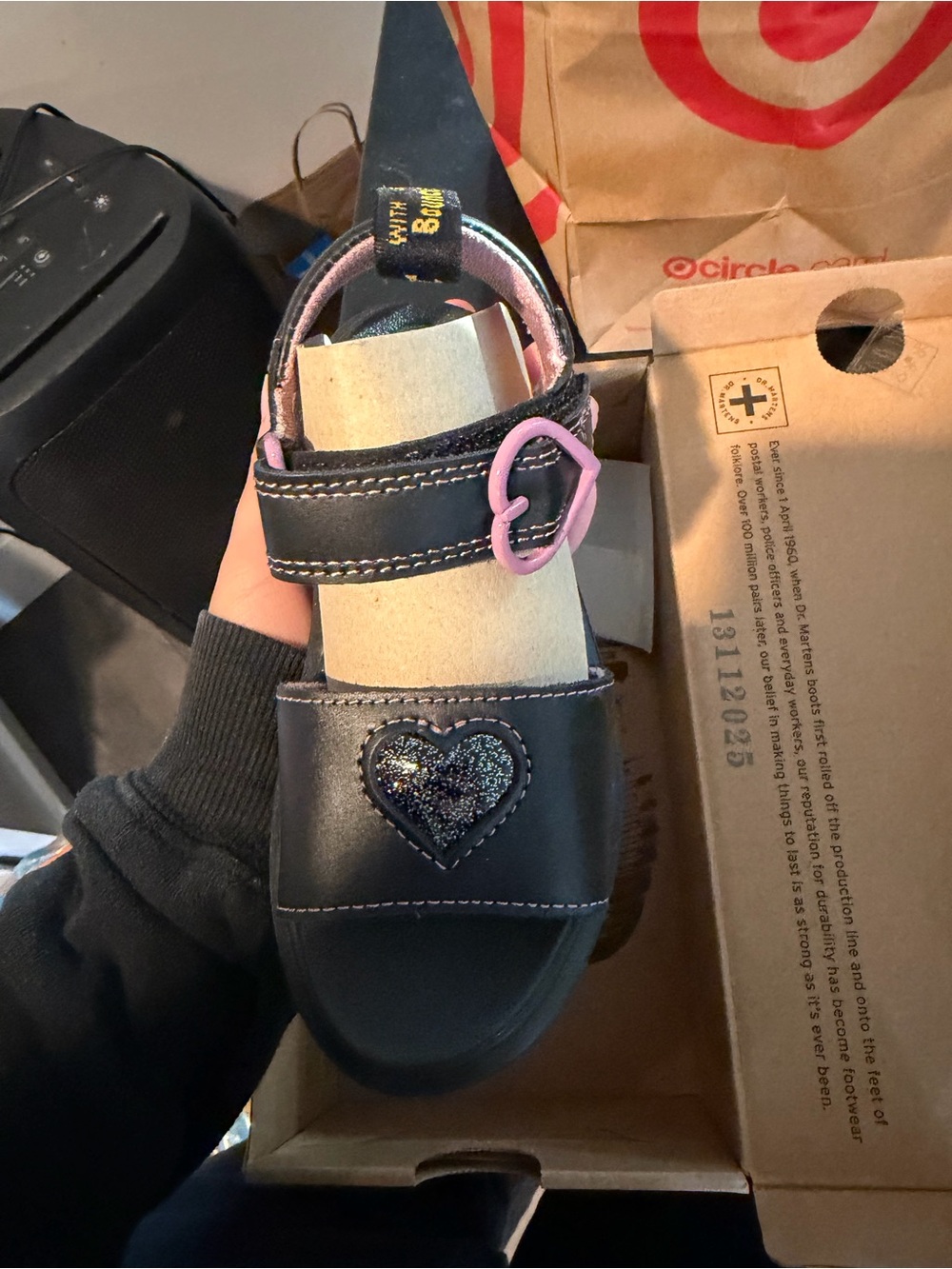 Kids Dr martens Black and Pink Heart Sandals